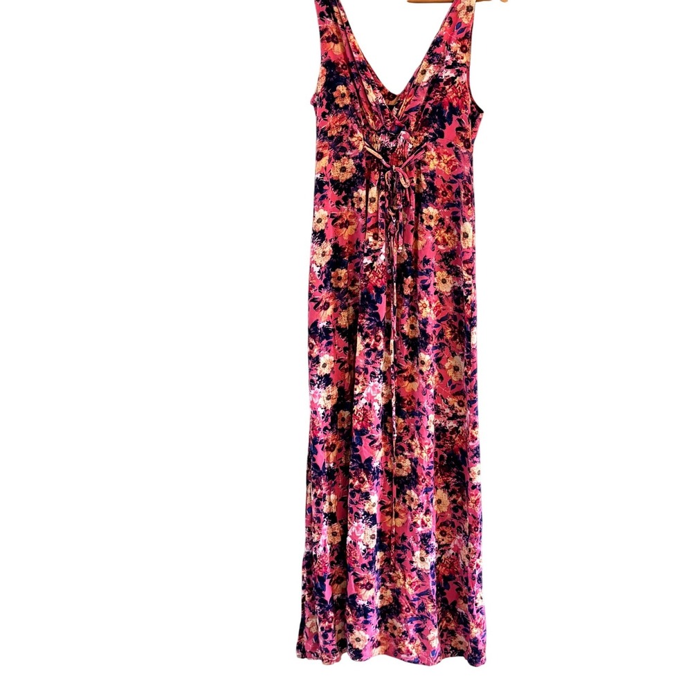 Mossimo Floral Maxi Dress S Pink‎ boho Resort Flowy Bright Empire Waist Tie